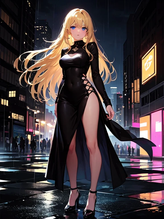 maryms, best quality, (beauty), masterpiece, 1 girl, render based on physics, ultra highres, narrow waist, thin, big eyes, long legs, (small breasts), swollen eyes, night, (rainy city), bright skin, facing the viewer, fighting posture, (close the fist), firm expression,