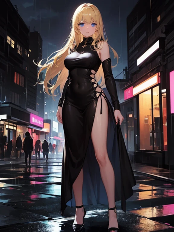 Setting: Atmospheric Street Background (Think bustling city street at night with neon lights and rain, a foggy alleyway, or a deserted highway at dusk) - Choose the specific atmosphere you desire. Character: Appearance: Ultra Quality - High level of detail and realism Shiny Skin - Glowing and healthy Long White Hair - Flowing down the back Narrowed Black Eyes - Focused and intense expression (sharp or piercing) Attire: Long Black Dress - Elegant and flowing Pose: Fingers Crossed - A gesture hinting at hope, nervousness, or even making a wish. Accessories: Sunglasses - Adding a touch of mystery or coolness (consider the style of sunglasses to match the overall mood) Additional Notes: Consider adding details about the character's posture (standing tall, leaning against a wall, etc.) to enhance the scene. The quality of the image is 8K or Cinematic