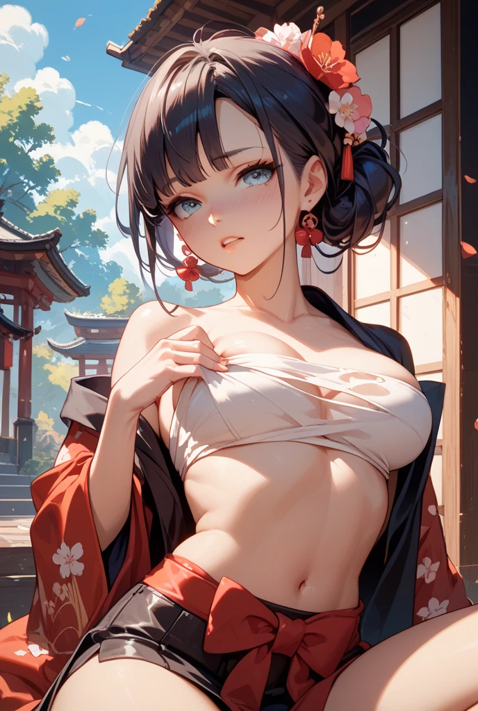 ((Browsing Caution,Nude,tits))bright red student,Large Breasts,Red and white yukata,A cute and adorable girl who grows runes,ponytail、Black Hair