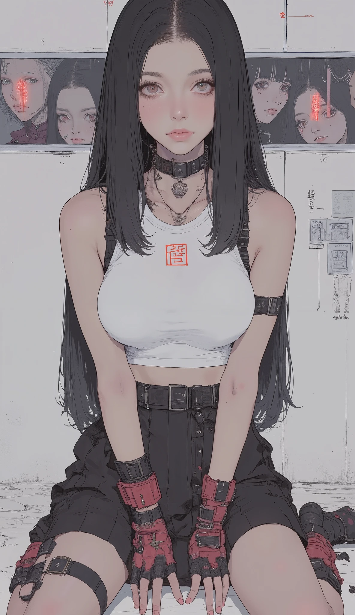 long straight hair, white sports bra, Black Pleated Miniskirt, Red and black fingerless gloves, background with bags under eyes , red combat boots,very big breasts、Standing pose with hands on both knees,emphasizes her chest、Indoor studio, Neutral Lighting, Direct overhead light minimizes shadows, cosplay-style focused atmosphere, front view, enhances subject focus with a shallow depth of field, balanced exposure
