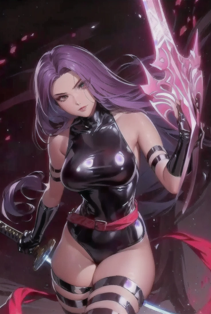 score_9, score_8_up, score_7_up, source_anime, medusarider, medusa rider, long hair, very long hair, purple hair, facial mark, forehead mark, thighhighs, dress, cleavage, bare shoulders, detached sleeves, black dress, collar, strapless, strapless dress, blindfold, outdoors, night, night sky, moon, clouds, looking at viewer, cowboy shot, dutch angle, fighting stance, weapon, chain, knife,