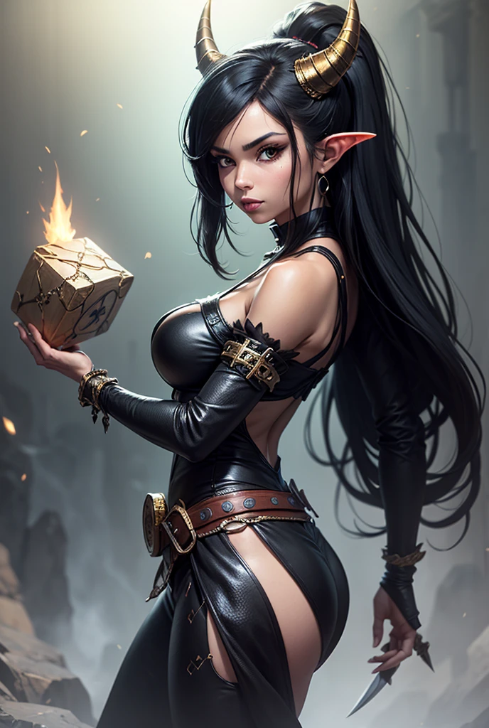 A cute goblin woman with big eyes, long black hair, a few missing teeth, small boobs with big areolas and nipples, wide hips, big ass, and dressed in a halter top and daisy dukes is flirting with the viewer while she stirs a large cauldron
