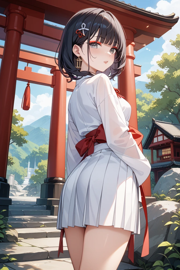 score_9, score_8_up, score_7_up, source_anime, best quality, masterpiece, official art, absurdres, highres, ultra-detailed,waifu2x,Collection: Slice of Life,break,1girl, tomboy, dark-skinned female, short hair, low ponytail, flat chest, beautiful detailed eyes, miko, hakama shorts, sweat, open mouth, (yawn:0.3), sleepily, outdoors, shrine, wind,break,(clear line illustration:1.2), super detailed skin,very high resolution, very aesthetic, Best lighting powered by famous artist, 8k,cute picture,beauty illustration,photoshop_(medium),,(Detailed Lighting),best anime 8k konachan wallpaper, pixiv contest winner,