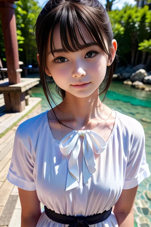 highest quality, High resolution, Realistic photo, Detailed skin texture, ((Cute 12 year old Japanese girl wearing a see-through short white camisole)), View your viewers, Slim figure, Attractive gaze, Fair skin, (Flat Chest:1.5), Straight long hair, (loli:1.2), In the park with cherry blossoms falling