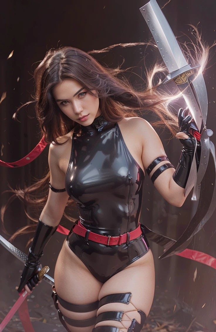 8k, realistic, attractive, very detailed, a 25 year old girl in an psylocke costume, she is psylocke, superhero theme, black long hair, 25 years old, full body, ray traced image of Arthur Pan, trending on Artstation, Digital art, psylocke,, red and cinematic lights, dramatic shadows and beautiful vibrant colors The color captures the scene. Romantic Art Style, Intricately detailed woman, Intricately detailed woman, latex, thick thighs, full body, medium breast