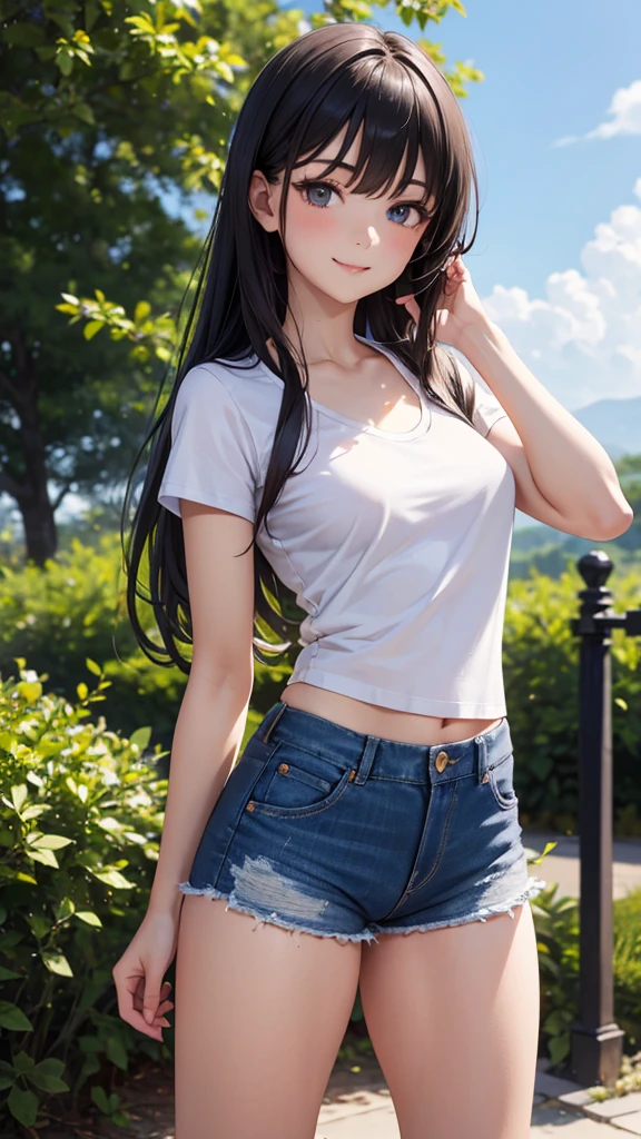 Anime girl Black hair blue eyes skin colour white and with brown pant with smiling face emotion normal bracelet with black colour