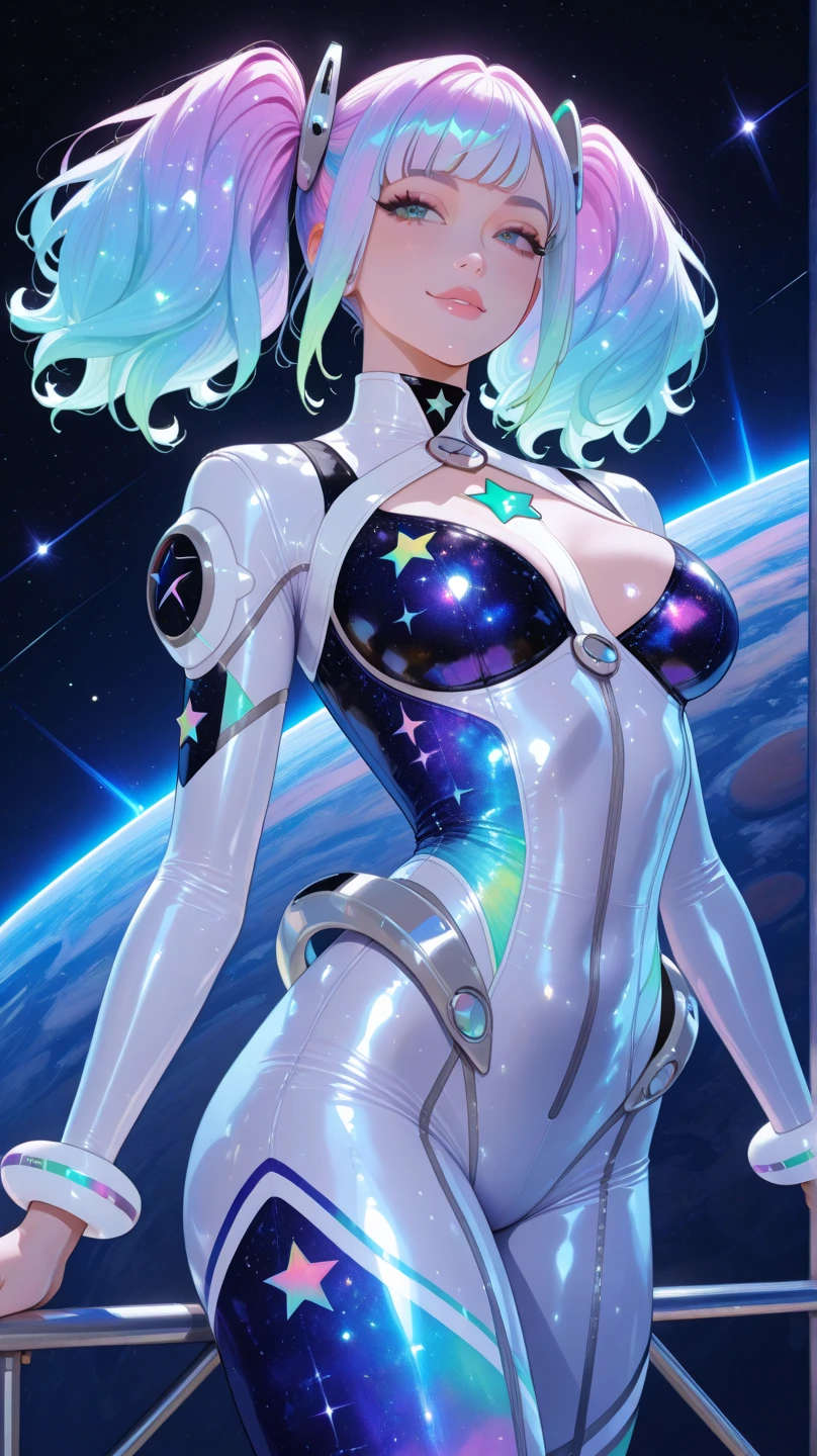 (((32k))),(((Highest quality))),(Perfect One Woman),60's,70's,80's,old movie posters,retro,vintage,bauhaus,abstract,Space Thriller Movie Poster,Futuristic,shape,OK,cosmos,galaxy,satellite,mechanical,Geometric pattern,meteor,meteorite,planet,very delicate,Space flyer OK,Milky Way,((big breasts)),(cleavage),rainbow,massive stream of light,flare,overlay,aurora,Starry sky,infinite possibilities,strongest,Highest,(perfect fingers),perfect gorgeous physical, beauty perfect limbs, very tight clothes detailing all body breasts and shaved pussy, cameltoe, green hair.