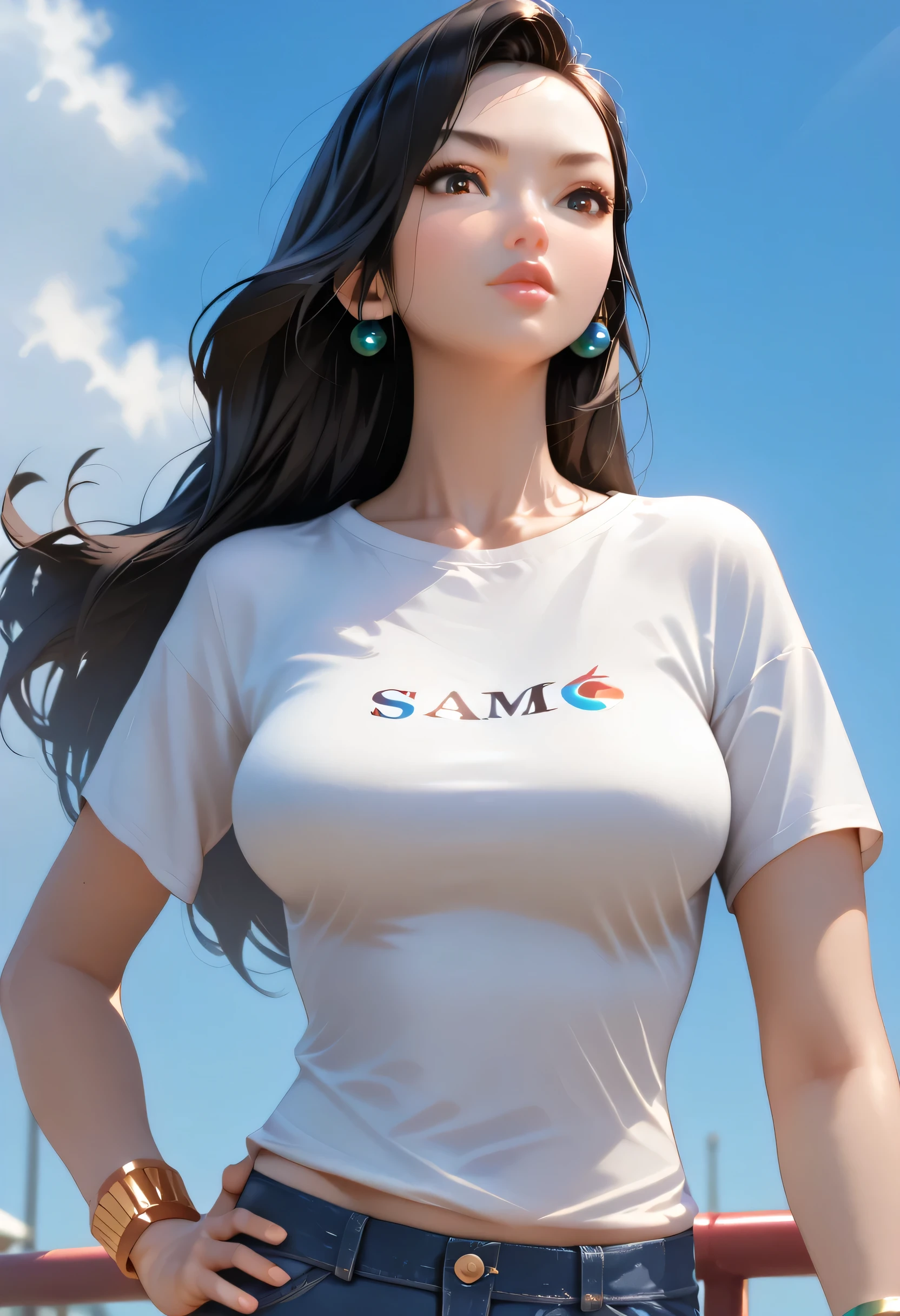 watch, wristwatch, 1girl, jewelry, bracelet, hand on hip, solo, shirt, blue background, wristband, blue sky, earrings, hands on hips, sky, black hair, lips, t-shirt, bangle, realistic, day, long hair, nose, short sleeves, large breasts, (female asian, asian face)