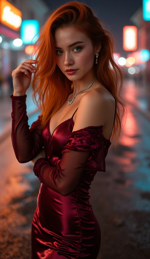 sexy woman (Scarlett Johansson), long curly red hair, gorgeous eyes, high arched eyebrows, seductive look, (low-cut silk sundress:1.3), midnight modern metropolis, spot lighting, backlight on hair, shallow depth of field, bokeh, sexy
