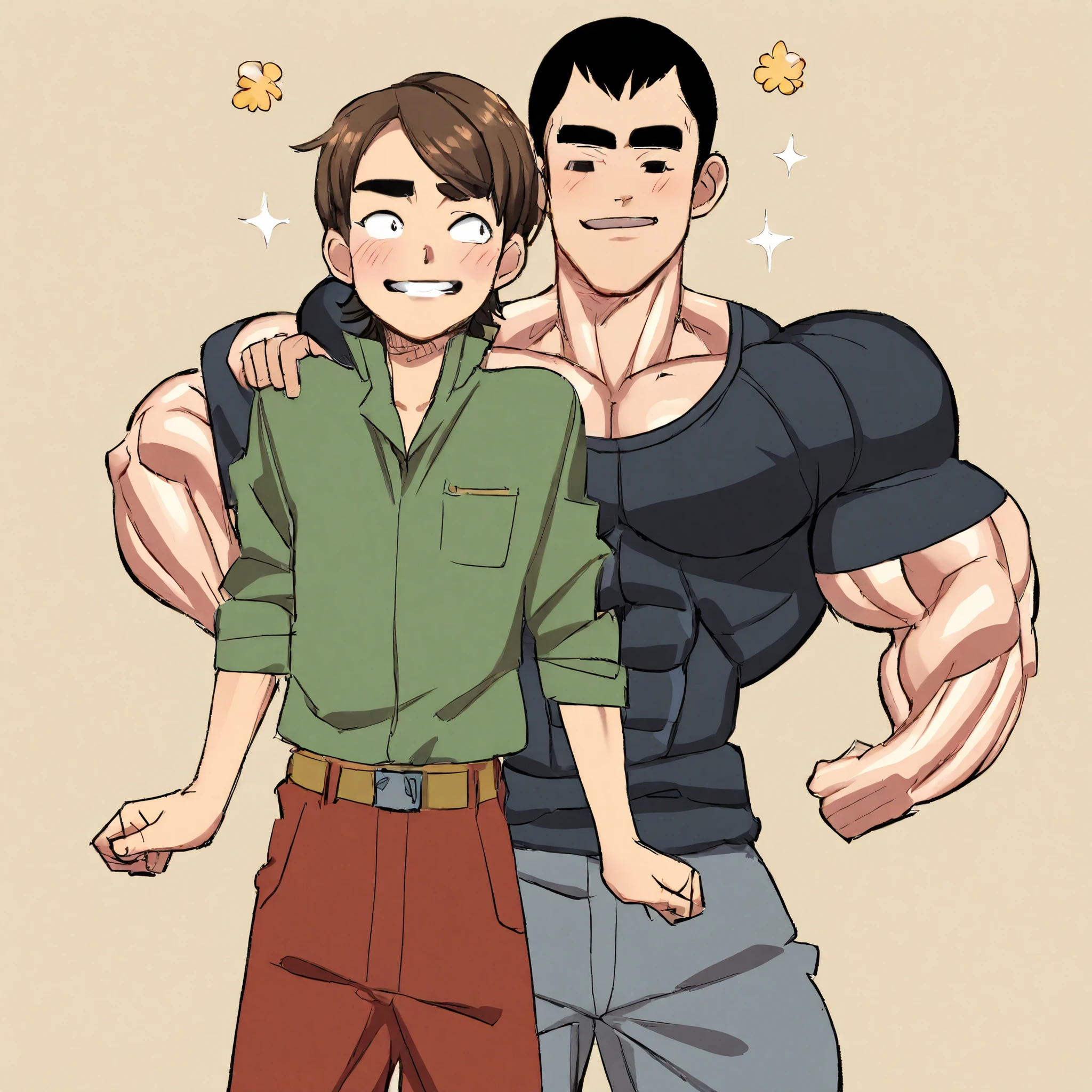 detailed face, A skinny boy adoring the big boy, gay, muscles