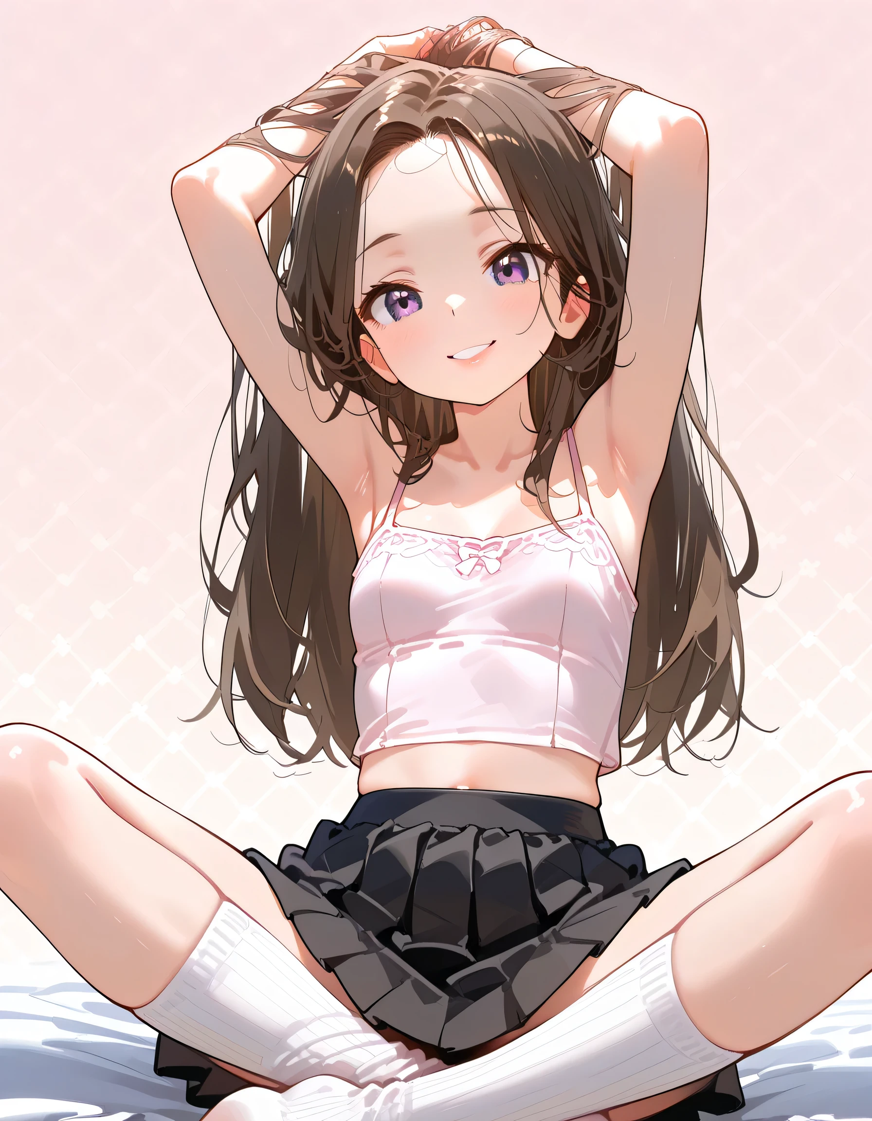 1girl, , cute daughter, happy, long hair, cute pink mini dress, upskirt, vagina spread cameltoe, (white panties side tie), white background