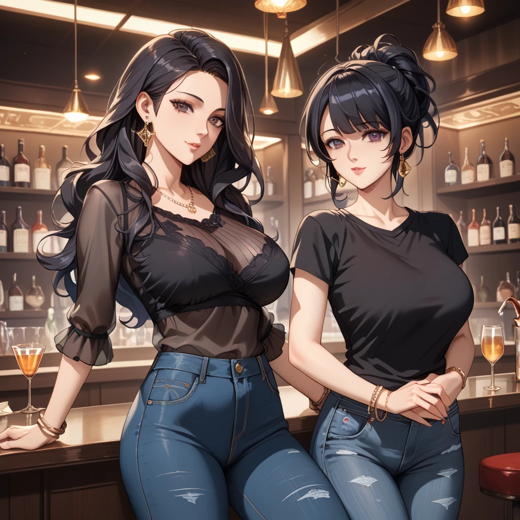(Sad expression wife),A woman mature and sexy,Delicate face,Sitting at the bar with a glass of wine,A cautious expression,Black dress, (black hair),(Eyes with large blue irises,,(Large Breasts),Big buttocks,(5 feet tall)), Pop music (masterpiece, best quality:1.1),Detailed hands,Pop musicart style,