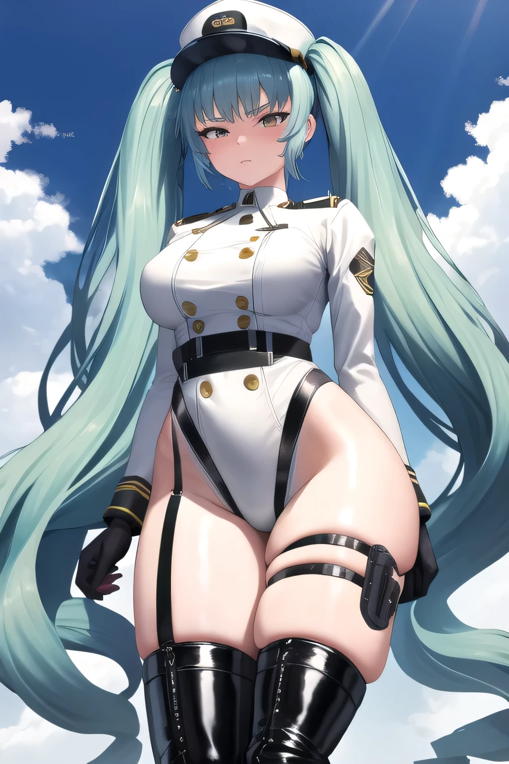 1girl in, hight resolution, lightblue hair, Very long hair that goes down to the knees, Black pitchy suit, Bangs twitch, Tsuriformes, bullish, High-pressure eyes, huge tit, Raw feet, petite body type, Lyrical Nanoha, (Levi the Thrasher:1.5), Materials, Chibikko, Cheeky face, black cloak,