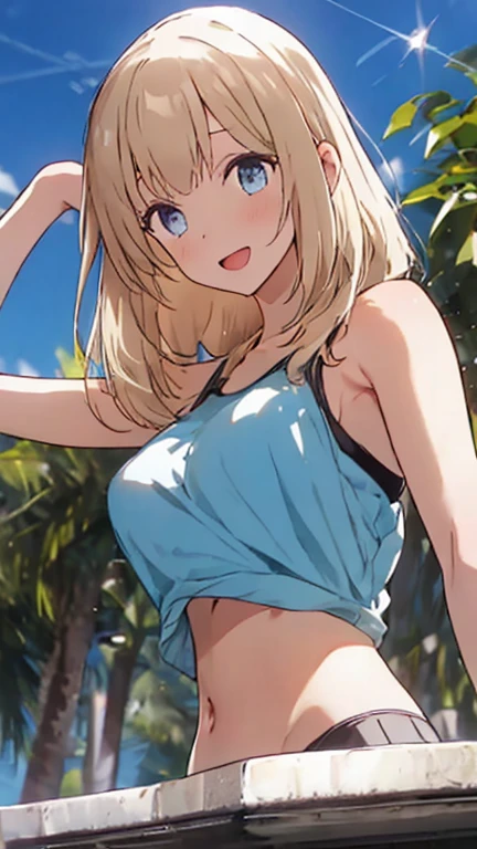 gonzarez, masterpiece, Serenaj, 1girl,l solo,
blue eyes, blonde hair, medium hair, open eyes, resort background , shorts, bra, medium breast