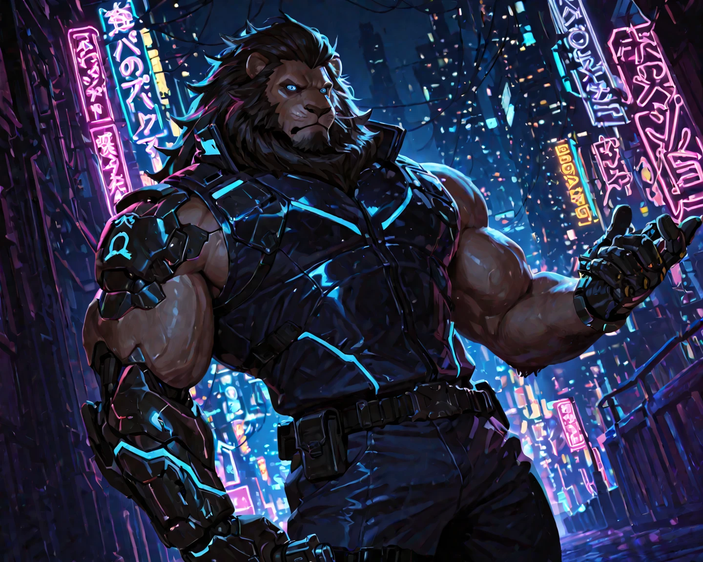 (by taran fiddler), (by darkgem:0.8), (by chunie:1), masterpiece, portrait, serious, 3/4 turned looking at viewer, (javid:1.2), 8k, ultra detail, full body, dark brownfurry body, male, solo, anthro bull, brown minotaur, (( Long dark brown hairstyle, long hair with purple dye streaks, high ponytail, dark brown bears streaked with purple)), Minotaur Hotel, Asterion from Minotaur Hotel, handsome anthro bull-face, tan horns, gauge piercing in right ear, soft features in face, dark blue eyes, no shirt, not wearing shirt, (no shirt), furry chest, huge chest, fluffy furry chest, fluffy furry abs, defined stomach, defined muscles, muscular furry body, chiseled furry, ((dark pants)), ((no logos or patches on clothing)), hulking, tall, huge body, hulk, monstrous, huge muscles, wide shoulders, black clothing, black tactical pants, tactical gear straps on pants, blacbare feet, cow hooves for feet, detailed hands, dark, neon cyberpunk background (detailed cyberpunk background at night), cyberpunk