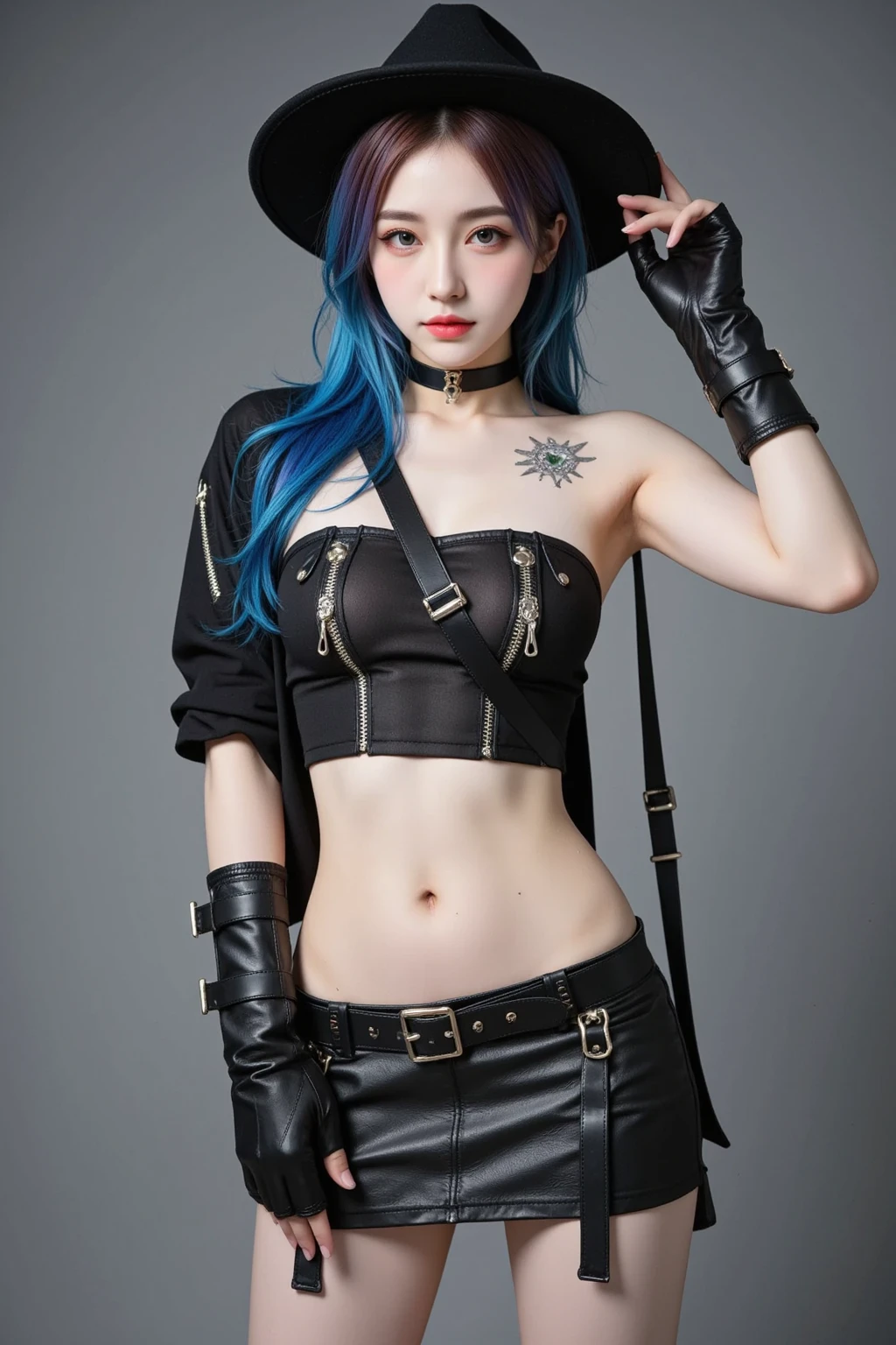 8K, Top Quality, Intricate Details, Ultra Detail, Ultra High Resolution, Masterpiece, close up shot, (full body: 1.1), (()), Slender, Smile, (Makeup: 0.4), ), (Fluffy Eyes: 1.21), ((((  )))), 1girl, solo, 1 girl, ((blue hair,  (long hair), (bangs), bangs,, , blue eyes,)), close up shot, , ((tall)), (((fit body))), (((slim face))), sharp face, (((((, Leather jacket with zipper fully open, Super low rise pants:1.5, Pants that fit the hips:1.5,Low Waist Pants, Unzipping pants:1.6),(Open the bottom zipper:1.5), (pull your pants down a little))) ,)), (detailed face), sharp face, small lips, (( )), walking pose, walk pose, wind blow, strong wind, wind blow hair, wind blow cape,
 ((,)), , ((,)), detailed face, detailed breast, , ((large breast, huge breast)), detail ass, Narrow Waist, Skinny, slim tall , 195 cm tall, Muscular, Navel, Exposed Abdomen, Pointed Chest,, Beautiful girl with accentuated slender abs: 1.4, Six Pack Abs: 1.4, Bust Botox, Big, Perfect Body, detail leg, (( dark background)), black background,