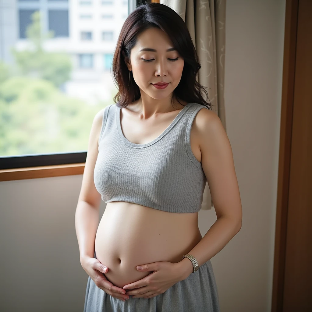 Japanese,young, (alone), 20-year-old, (Double),whole body,Long Hair, Glamour, Pure white skin, Photographed from the front,Watching the audience、(White tank top)、(White knee-high socks),Toes in high socks、Toes on the feet、Room floor、squat,(Are pregnant)