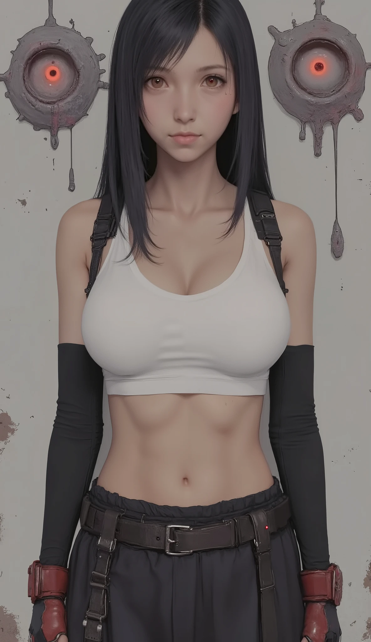 long straight hair, white sports bra, Black Pleated Miniskirt, Red and black fingerless gloves, background with bags under eyes , red combat boots,very big breasts、Standing pose with hands on both knees,emphasizes her chest、Indoor studio, Neutral Lighting, Direct overhead light minimizes shadows, cosplay-style focused atmosphere, front view, Enhances subject focus with shallow depth of field, balanced exposure