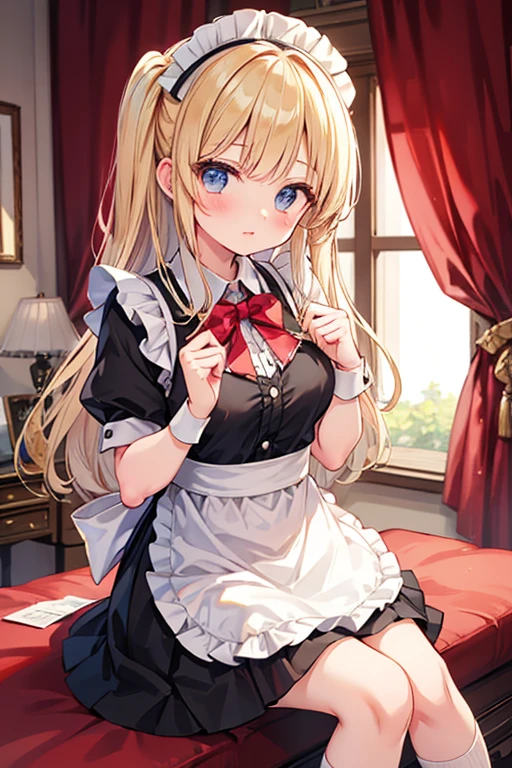 ((highest quality)), ((masterpiece)), (Become familiar with), Perfect Face,Light golden hair,Medium Long Hair,grated bangs,eyes without highlights,Desaturated crimson eyes,Drooping eyes,Grinning,beret,Black choker,tall,slender,Big Breasts,Off-the-shoulder knit,Black panties,Black Stockings,Black pumps,slender,19 years old,Leaning forward,Bedroom,