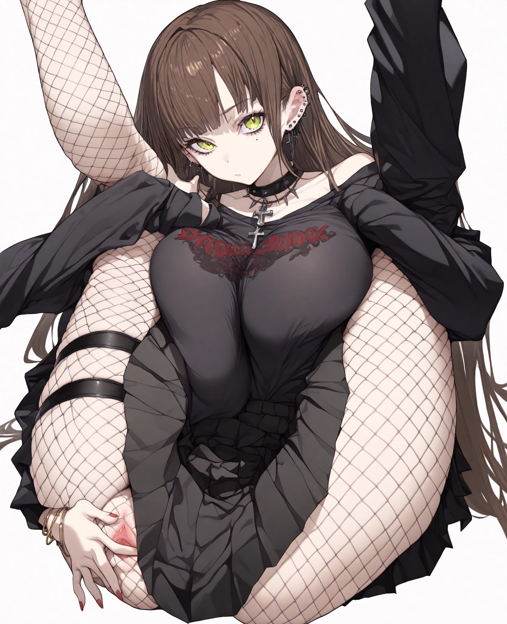 masterpiece, best quality, one woman, full body, large breast, large butt, thighs, short hair, brown hair, glasses, look happy, shy, blush, sweat, open mouth, white tank top, torn clothes, black panties, black over knee socks, spread legs, girl defeated by tentacles, green tentacles, sex with tentacles, surround tentacles, caress body, in the spaceship,