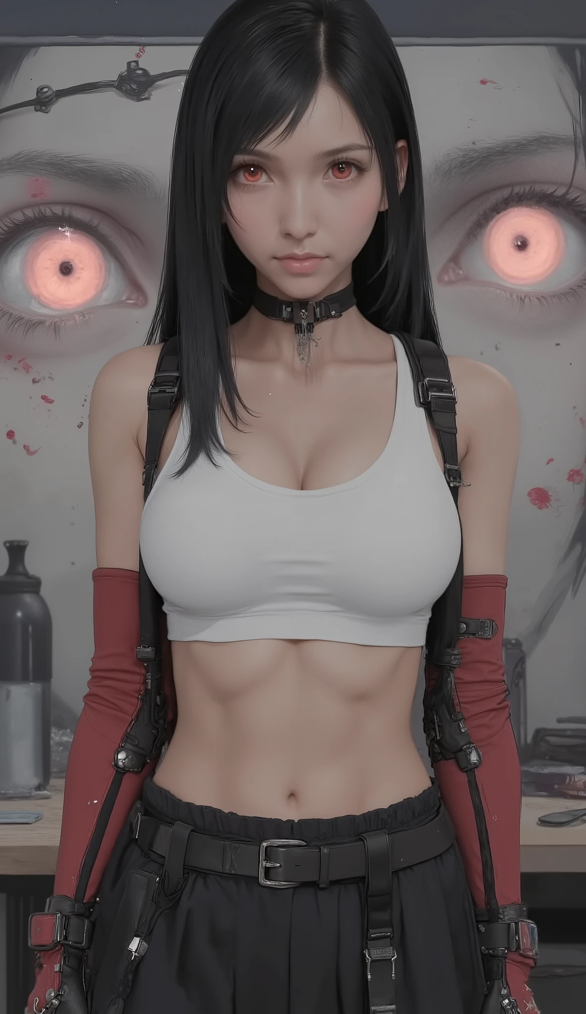 long straight hair, white sports bra, Black Pleated Miniskirt, Red and black fingerless gloves, background with bags under eyes , red combat boots,very big breasts、Sexy pose pose,emphasizes her chest、Indoor studio, Neutral Lighting, Direct overhead light minimizes shadows, cosplay-style focused atmosphere, front view, Enhances subject focus with shallow depth of field, balanced exposure