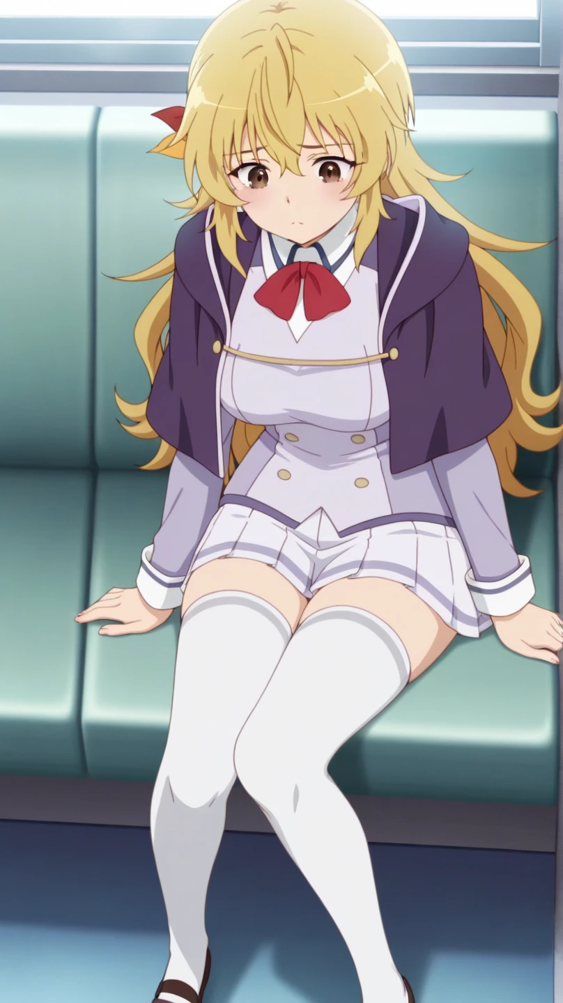 tall body, tall, long legs, mature female, mature, adult, eft_oshi_ruby, 1girl, solo, blonde hair, shirt, bow, evil smile, long hair, , collared shirt, white shirt, looking at viewer, open mouth, jacket, upper body, multicolored hair, bowtie, long sleeves, bangs, streaked hair, hand up, pink bow, blue jacket, outdoors, :d, red bow, pink eyes, red eyes, teeth, parody, blazer, tree, blurry, pink hair, sidelocks, blurry background, pink bowtie, one side up, red bowtie, upper teeth only, anime coloring, night, giantess, bigger than mountain, feet, view from below, lifting feet