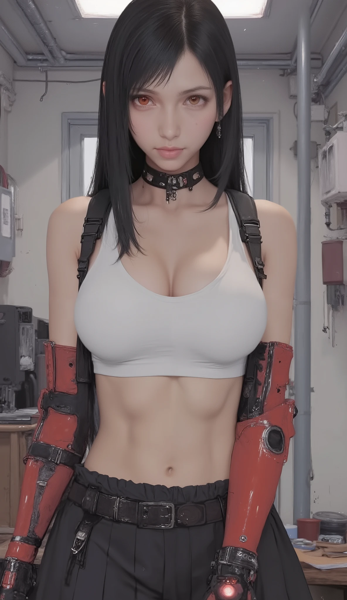 long straight hair, white sports bra, Black Pleated Miniskirt, Red and black fingerless gloves, background with bags under eyes , red combat boots,very big breasts、Sexy poses that deviate from the state,emphasizes her chest、Indoor studio, Neutral Lighting, Direct overhead light minimizes shadows, cosplay-style focused atmosphere, front view, enhances subject focus with a shallow depth of field, balanced exposure