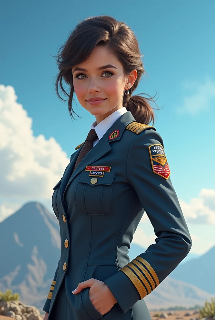 a photo of a gorgeous S023_AdriaRae, in (the city:1.2), wearing a (military_uniform:1.2), (8k, RAW photo, best quality, ultra high res, photorealistic, masterpiece, ultra-detailed, Unreal Engine)