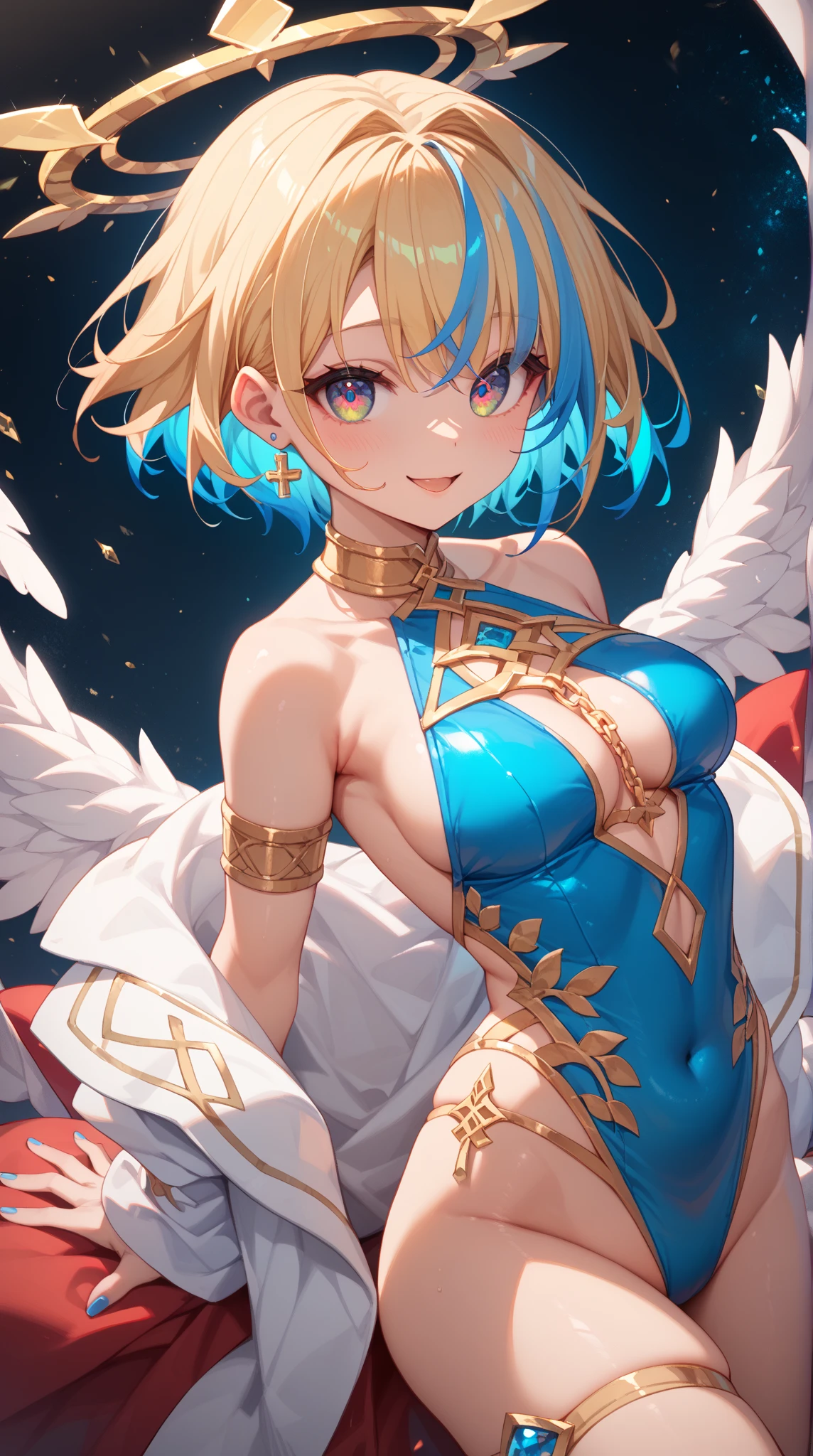 Anime style, super fine illustration, super clear illustration, highly detailed, beautiful detailed, super pale tone image, super delicate illustration, super calm & static image, static representation, gentle expression, happy expression, 8k, pretty 1girl with blonde straight short hair & blue eyes & a bright smile & full bust & nipples & soft fair skin is wearing the dancer costume,solo, perfect fingers, perfect arms, perfect legs, masterpiece.