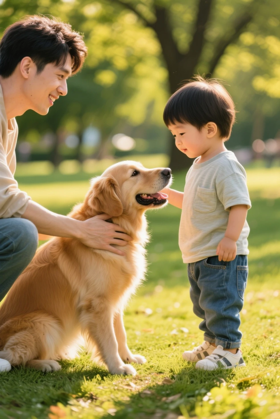 The author plays with his golden retriever Lucky as a boy.。Lucky watches over the author with kindness、The innocent boy&#39;s smile is shining