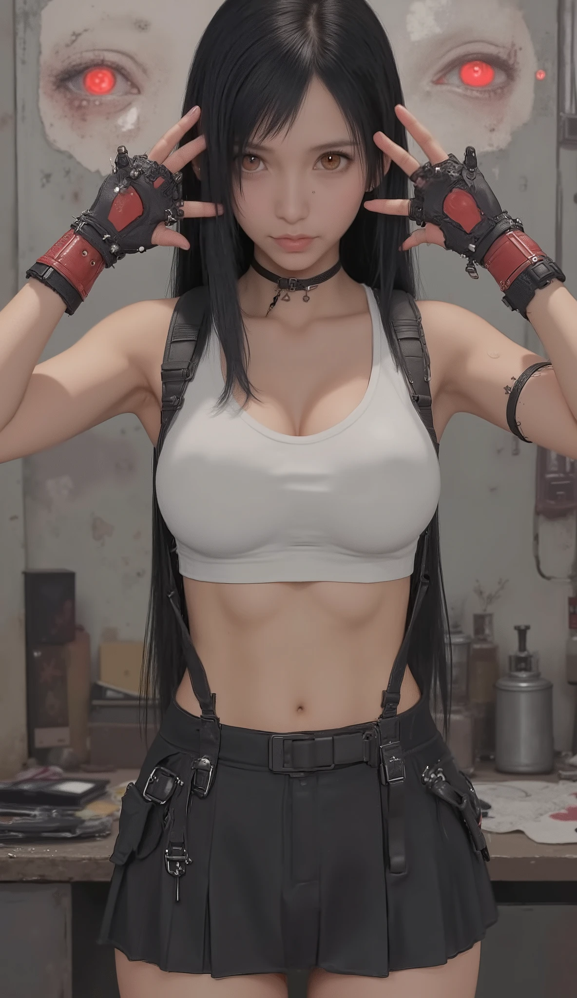 long straight hair, white sports bra, Black Pleated Miniskirt, Red and black fingerless gloves,  background with bags under eyes , red combat boots,very big breasts、Sexy pose with hands around the back of the head and hips twisted,emphasizes her chest、Indoor studio, Neutral Lighting, Direct overhead light minimizes shadows, cosplay-style focused atmosphere, front view, enhances subject focus with a shallow depth of field, balanced exposure
