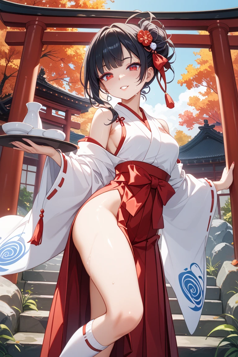small bust that hasn't grown since the lower grades of elementary school、 AAA cup、shiny jet black hair、is straight and below the waist、length over the buttocks、Bangs are drawn from the front in an intake、2 thick plate-like hairs grow from the top of the head to devour lips、is a princess cut that is longer than the shoulders、The tip of the back of the hair、 with a red ribbon attached 、Her eyes are dark blue、white skin that has not been tanned、Droopy eyes、 she is wearing red eyeshadow 、Eyebrows are thin、She has a slim waist, but、My hips are small 、A lot of sweat is dripping from my whole body、wearing white socks、wearing red clogs、Hair has、Nothing other than a ribbon is attached、The upper body、Neat、Simple、The thin white kimono、wearing it directly on bare skin、lower body、Red Hakama、The length of a hakama is long enough to be able to see my ankles、Standing、I have a white sake bottle and、a vermilion cup in my hand、Shrine grounds、You can see the red torii gate、Before the torii gate、On the left and right、stone Inari foxes、A pair of visible、