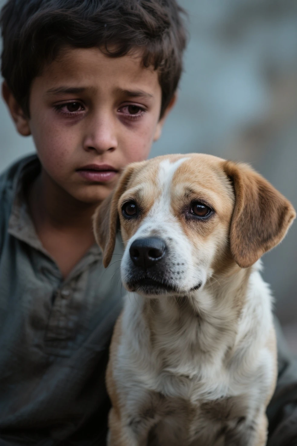 A POOR ??? WITH A STRAY DOG. The Poor kid is looking at the dog and GIVES the STREET DOG CARE ON THE HEAD. (The sun ILLUMINATES HALF of the face of a poor kid and the dog) SIDE LIGHT creates shadows on the other half of his face. They both are in the yard of a poor house. (Light from the side) (Rembrandt Light) (Afternoon light at 35 degrees)