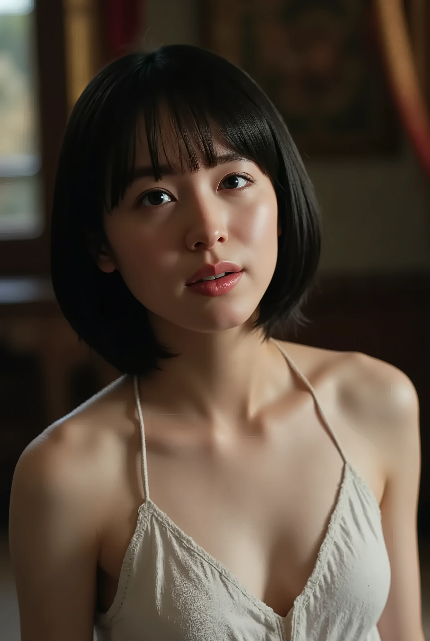 (( Highest Quality , 8K Photo )), ((masterpiece)), ( details) , woman lies on her back , ( Having Sex In The Bedroom, completely naked),((( very big breasts , completely naked, short bob in a medieval castle))), (( unadorned))