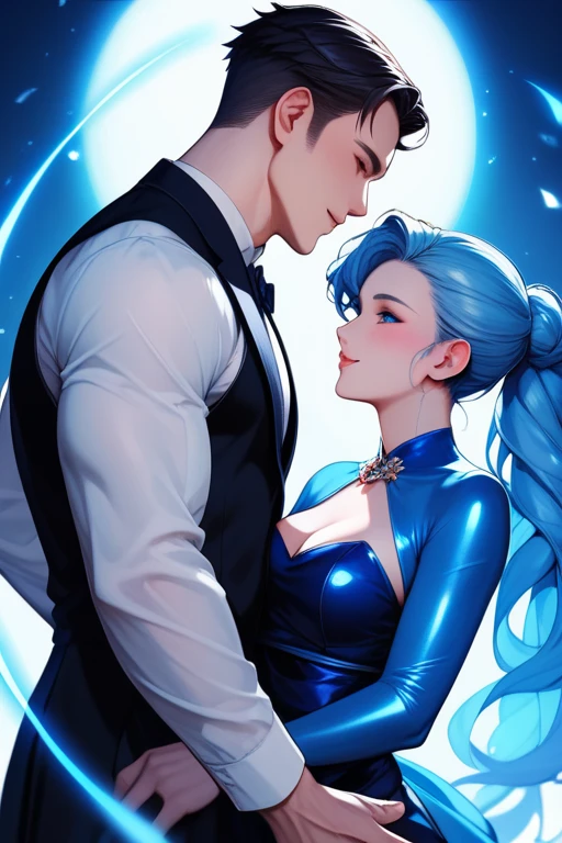 Humanize the planets Neptune and Uranus,let Neptune be a woman and Uranus be a man, Neptune is smiling and hugging Uranus and Uranus is happy and nervous.