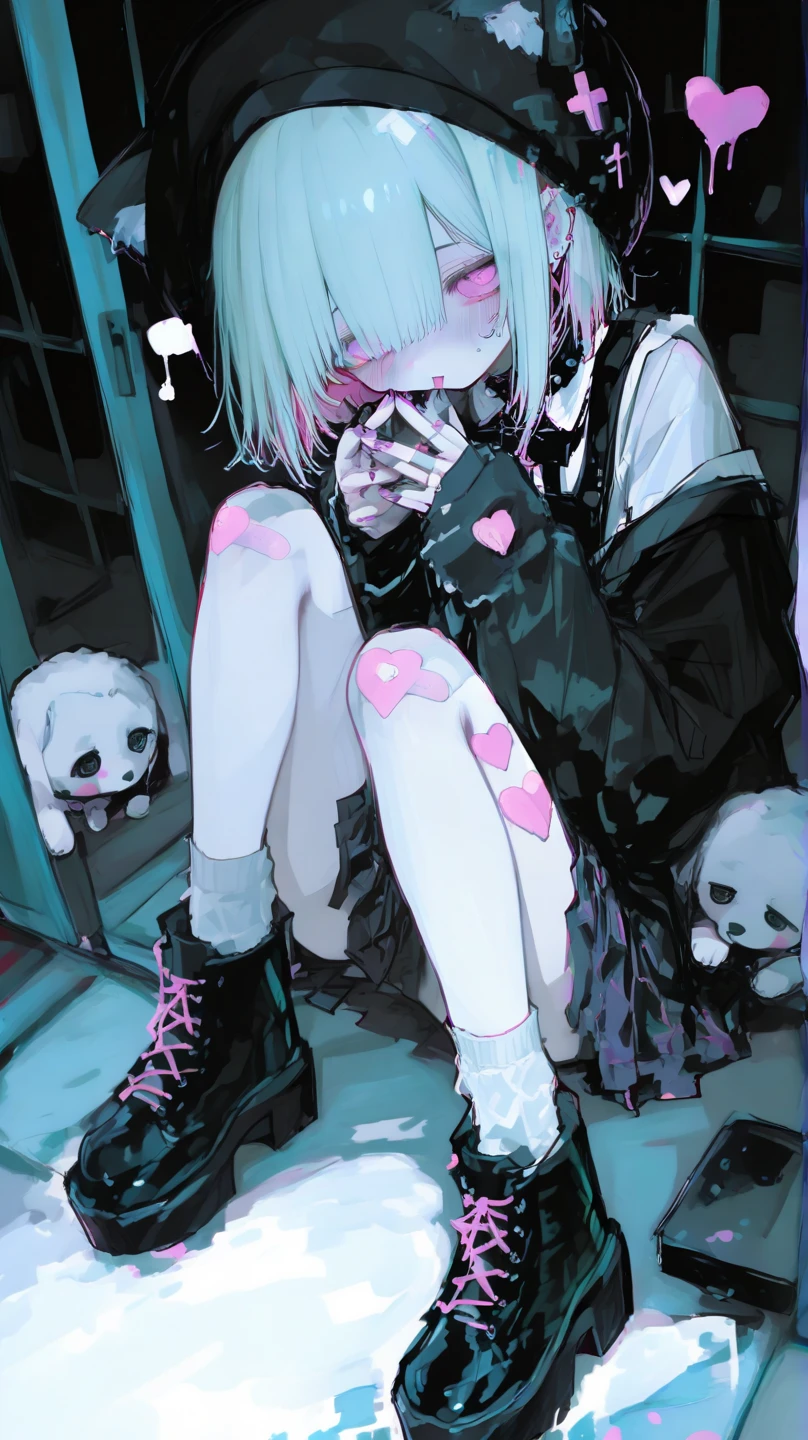 8-year-old girl,White hair,Upturned pupils,Drooling,Stick out your tongue,Tight underwear,Be bound,Torture equipment,Black collar,Heart shaped tattoo,Black handcuffs,Background Prison,Squatting position with legs apart,pain,tears,brutal,crying,Full body shot