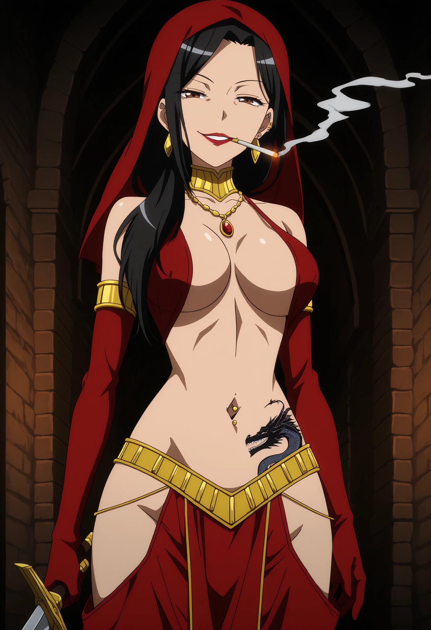 hond4niseko1
black hair,long hair, , brown eyes, , ear piercing, long hair, , lipstick,Hot girl, baddie, smoking, sensual, attractive ,neck ring, harem pants, elbow gloves, midriff, earrings, hip vent, baggy pants,,
castle,inside castle, masterpiece, best quality, highly detailed ,gold_choker, complex detailed
background, inside, holding a sword, sword,harem_outfit,navel, necklace,
pelvic_curtain,revealing_clothes, veil, masterpiece,best quality,mature,evil
smile ,necklace,pendant, (nsfw) not safe for work, exposed belly, exposed navel, midriff, exposed
lower belly, ,cleavage, navel piercing, medium large breasts, looking at viewer,, dragon tattoo on waist, narrowed eyes, tattoo on waist,, anipai_style , anime screencap , anime coloring,,