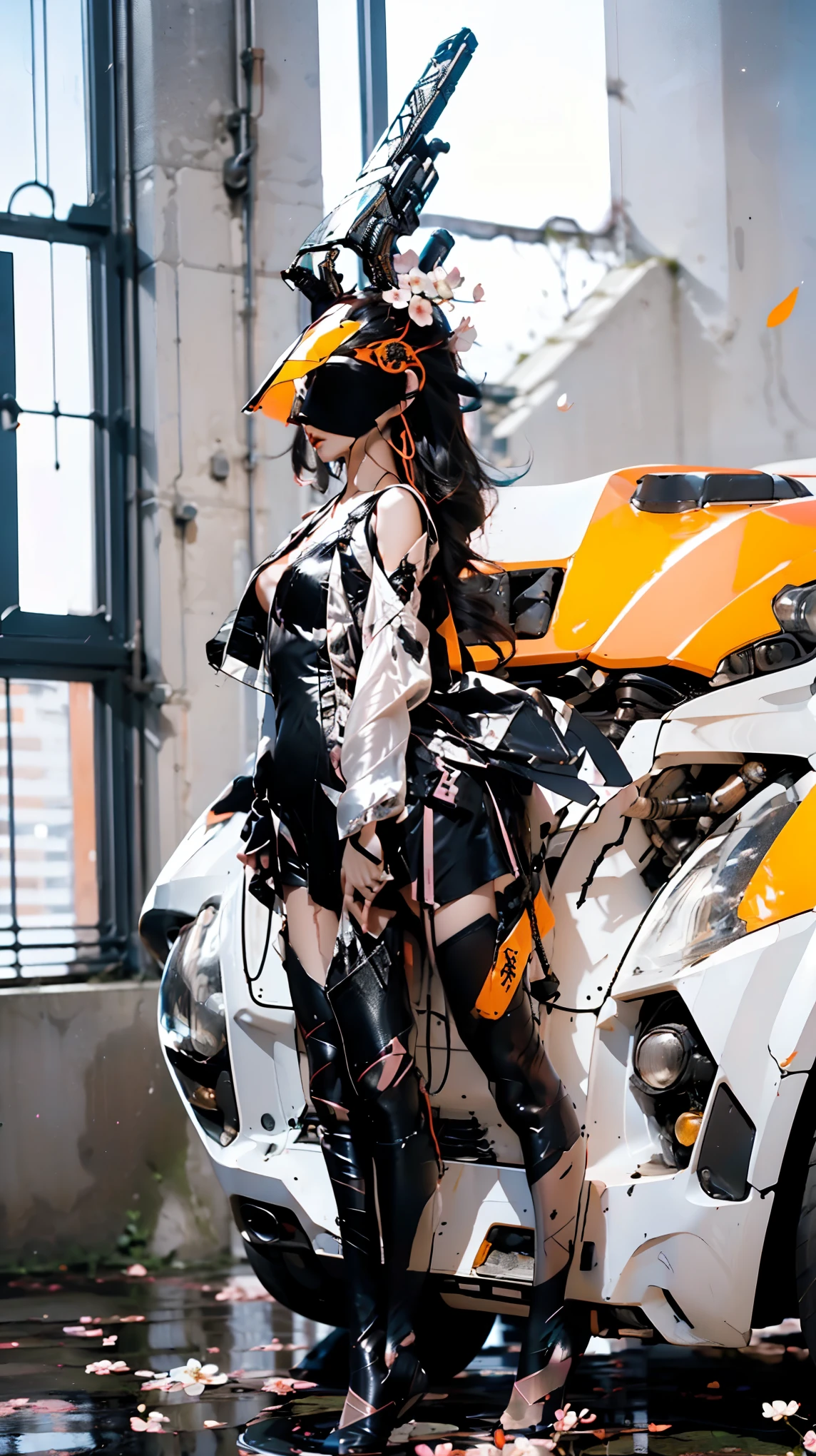 ((best quality)), ((masterpiece)), (detailed), 1girl, off-shoulder sweater, young Korean woman with sandy hair, beautiful Korean face, tanned skin of a dark, bronze hue, huge chest, dressed in an open military jacket with rolled up sleeves, no underwear, yellow glasses on her head, pussy visible through white tight shorts and panties, sitting on the roof of a warehouse with ammunition, against the backdrop of a forest and bright sun, next to there is a bulletproof vest and a SCAR machine gun,