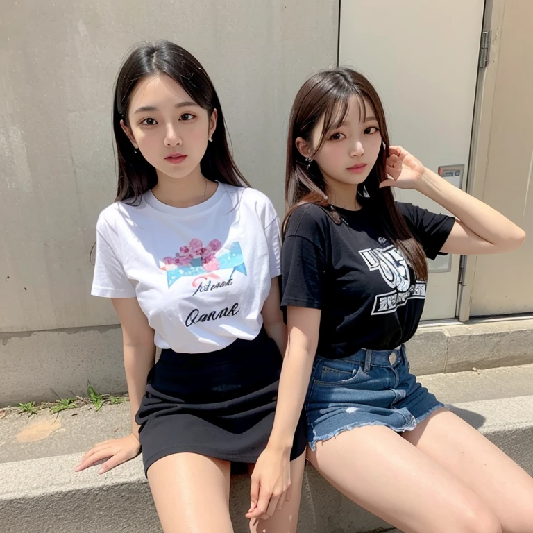 (8k:1.27), best quality, masterpiece, ultra highres:1.2), two kidnapped lesbian goth girls with arm tattoos kissing each other, tattooed girls, full body picture, old white rock band oversized knotted t-shirt, big t-shirt, short big sleeves, black short sport pants tied with a rope, wearing dirty old goth clothes, dyed yellow blonde hair, short blonde bob hairstyle shoulder length, blonde hair bangs, dyed bright red hair with red messy bun, one girl kneeling and one girl standing in a dirty room, handcuffed, one girl with hands tied with rope behind body, submissive neck choker and leash in neck, 4k or 8k picture, looking at the floor down very sad, very sad face, paisley bandana pirate style headscarf, smelly, barefoot, rope hanging from ceiling, one girl dominating the other one by pulling her to a wall