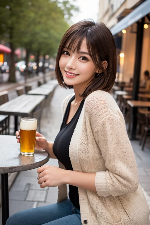 （There is a woman sitting at a table drinking beer, bar girl, In a tatami room, with a drink, Drinking beer, In the pub, In the pub, at bar, drinking beer at bar, Drink at the bar）in a house、downbrouse、No bangs:1.10、straight flat chest:1.20, (leaning-forward:1.3)、（Woman with beer）、(Oversized knitwear、loose knitwear、low cut knit:1.5)、bra very.10, Pink areola is visible:1.20,  A Cup:1.20, Erotic, (top-quality、8K、32K、​masterpiece)、japanes、20yr old、Very pretty girl、Beautuful Women、crouching down、Bright smile、shinny skin、blurry backround、Ear hooks:1.20, A dark-haired:1.10, Upper body close-up、Shot from above、A refreshing smile,Alafed Girl, chiho, iwakura lain, closeup Iwakura Lain, With short hair, Shiori Teshirogi, Kotegawa Yui, hime-cut, She is 20 years old, sui ishida with black hair, lain iwakura, girl cute-fine-face, Clear pubic contours,(Small breasts), hight resolution, ighly detailed, top-quality, [​masterpiece:1.6],, ighly detailed, nffsw, finely detail, top-quality, , Cinematographic lighting, 1girl in、20yr old、Cute Japan Girls、perfect body type、, Cute droopy eyes、Beautiful big eyes、ultra-detailliert、hight resolution、Transcendent beauty　top-quality、​masterpiece、majicMIX Real、(Raw photography:1.2)、(Photorealsitic:1.4)、