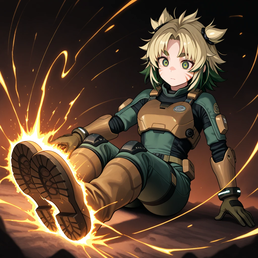 1female, Silver Hair, Green Combat Suit, Wavy Hair, Black Gloves, Combat Boots, Violet Eyes, Angry Expression, Athletic, Soldier, Adult Female, Desert Base, Preparing Equipment
