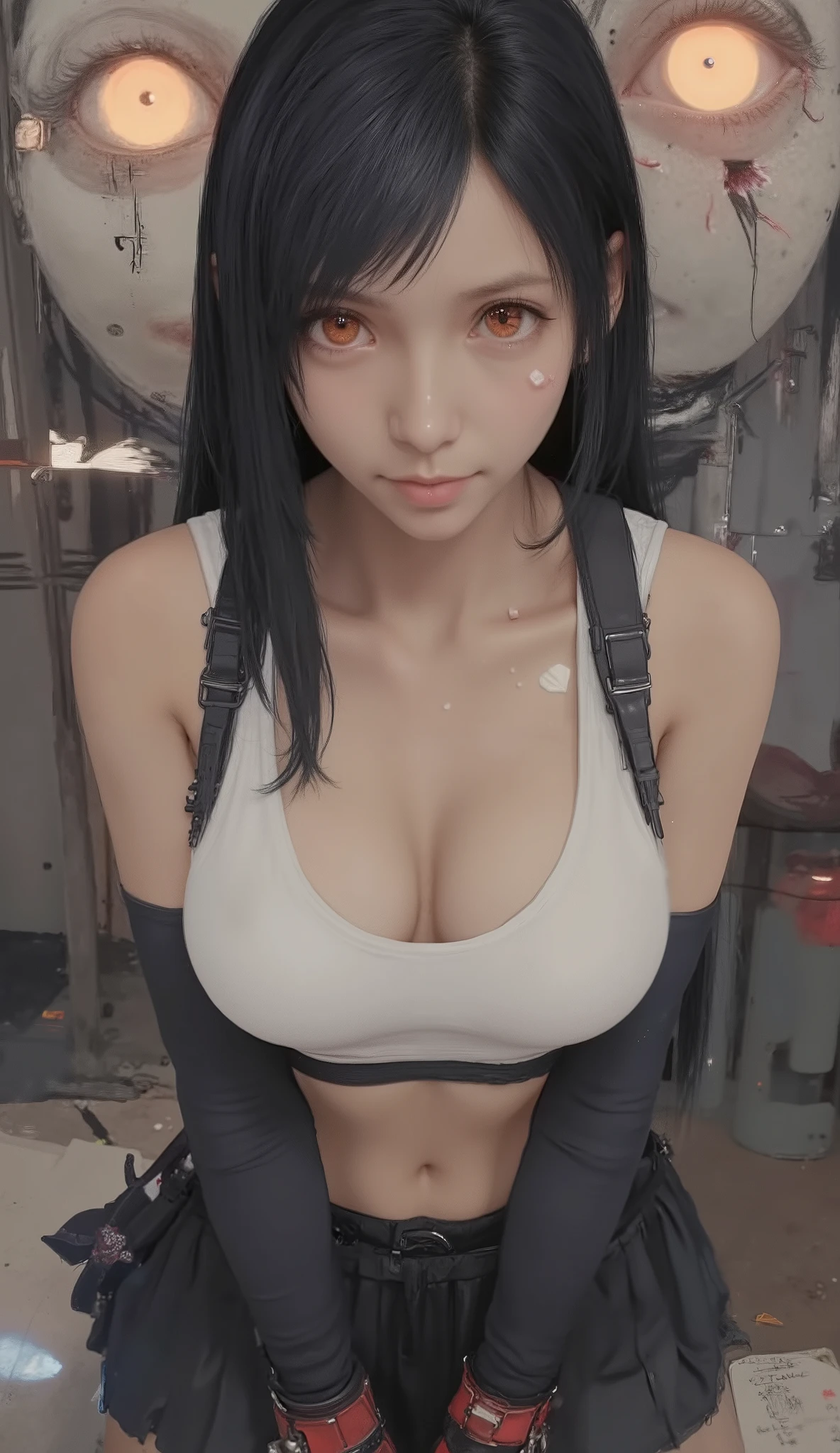 taken from above、Wide Angle Lens、twin tails, white sports bra, Black Pleated Miniskirt, Red and black fingerless gloves, background with bags under eyes , red combat boots,very big breasts、Sexy pose pose where you cross your arms under your chest,emphasizes her chest、Indoor studio, Neutral Lighting, Direct overhead light minimizes shadows, cosplay-style focused atmosphere, front view, Enhances subject focus with shallow depth of field, balanced exposure