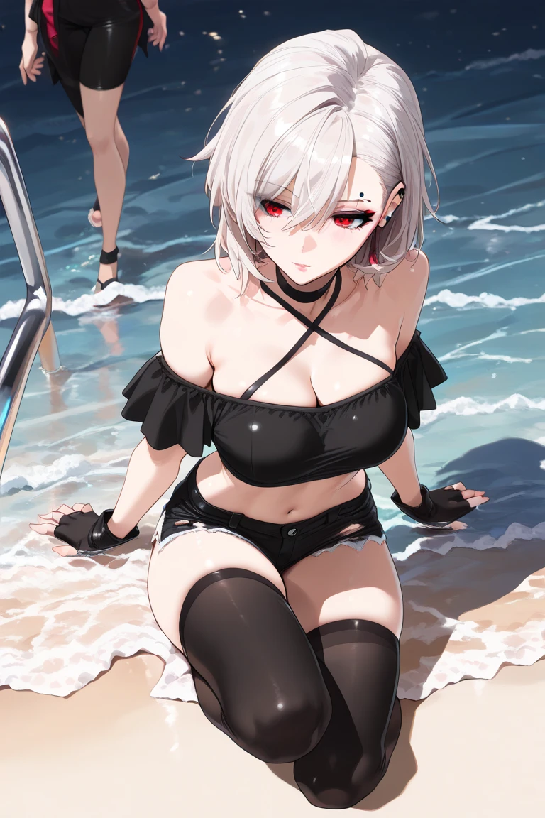 1girl, short white hair, hair band, green eyes, wearing black plain bikini, bikini under shirt, wet shirt, beach, embarrased, blushing, lying down on sand, big breasts, looking at viewer, absurdres, ultrasharp, 8K, masterpiece, looking at viewer