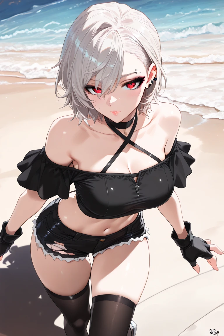 anime, beautiful face, highly detailed face, (2 accurate legs:1), green detailed eyes, highly detailed beach background, perfect lighting, best lighting, (no shadows:1.2), 1girl, solo, outdoors, genshin impact, hair ornament, noelle, (beautiful sliver hair:1.2), absurdres, high res, ultrasharp, 8K, masterpiece, looking at viewer, affectionate smile, facial expressions full of love, blushing, BREAK (detailed sexy maid beach bikini:1.4), (all intricate lace:1.2), (elegant pose:1.2)