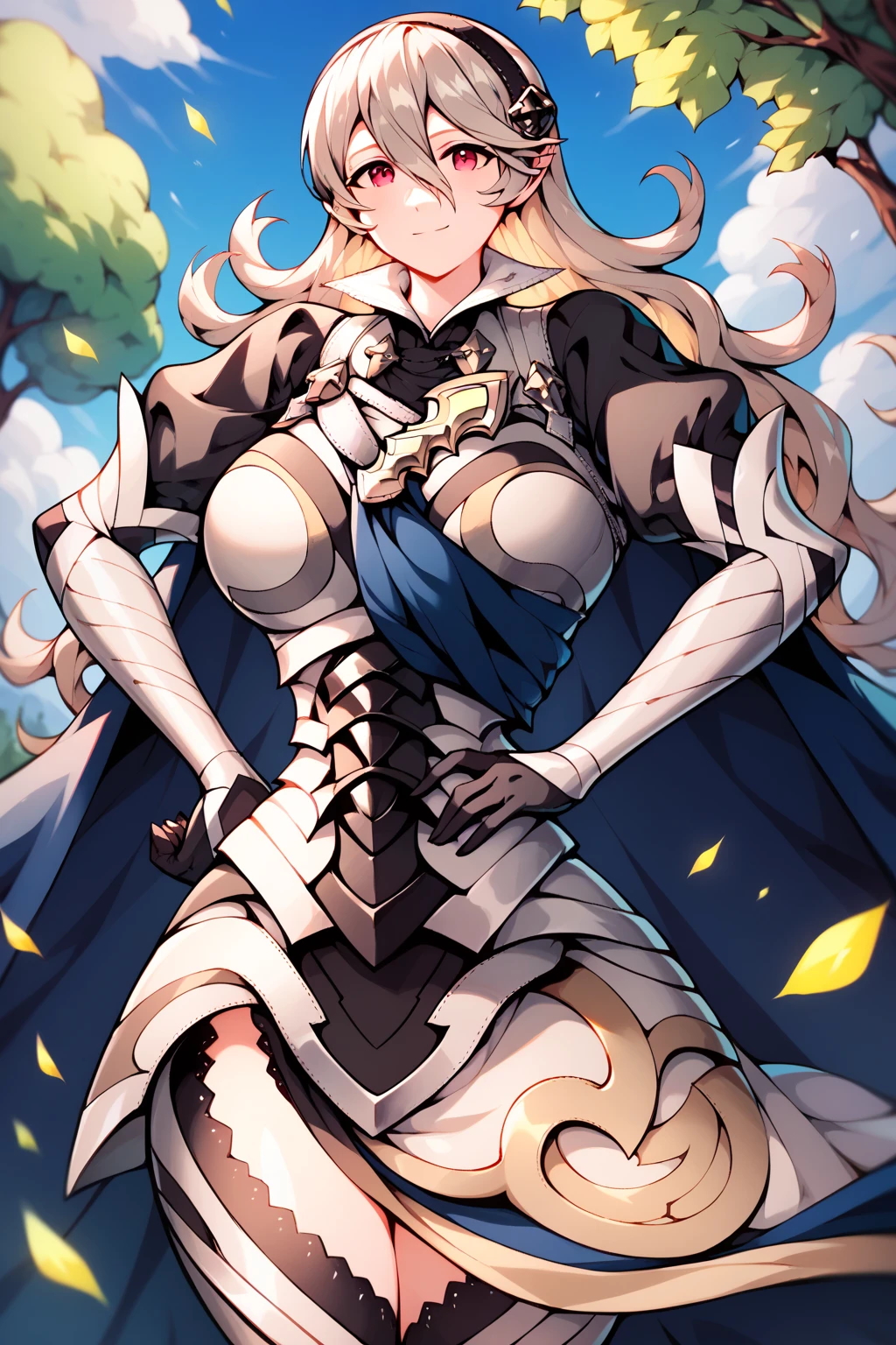 Score_9, Score_8, Score_7, Corrin from Fire Emblem, Petite, Female, Light Gray Hair, Long Hair, Black Hairband, Armored Dress, Blue Cape, Puffy Sleeves, Juliet Sleeves, Vambraces, Black Gloves, Armored Legwear, Blue Sky, Trees, Field, Hands on Hips, Huge Breasts, Large Breasts, Massive Breasts, Wide Hips, Thin Waist, Very Thin Waist, Wasp Waist, Aerial View, Smiling, (cartoon-style bold line work:1.2), Vibrant Colors, Cel Shading, Simplistic Art Style, Looking at Viewer, Solo