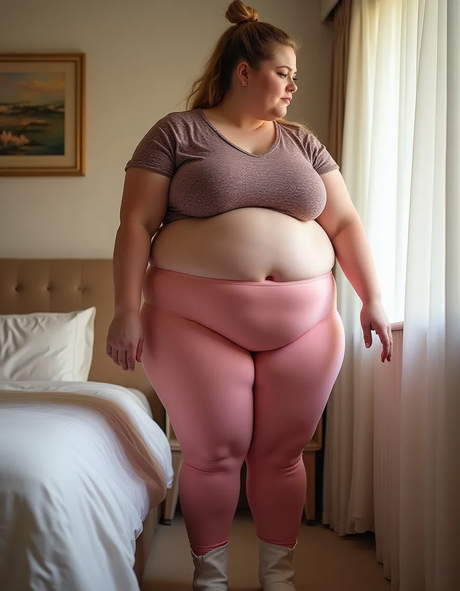 ((masterpiece, photorealistic)), (1 woman, 16k raw image, photo, soft natural lighting, detailed face and eyes), ultra fat (Kimberley Nixon), detailed face, blushing, big eyes, looking at viewer, big plump lips, fat face, deep cleavage, gigantic belly, morbidly obese, very wide hips, loose belly fat, immobile, (stuck in doorway), white crop top, pink leggings covering entire belly