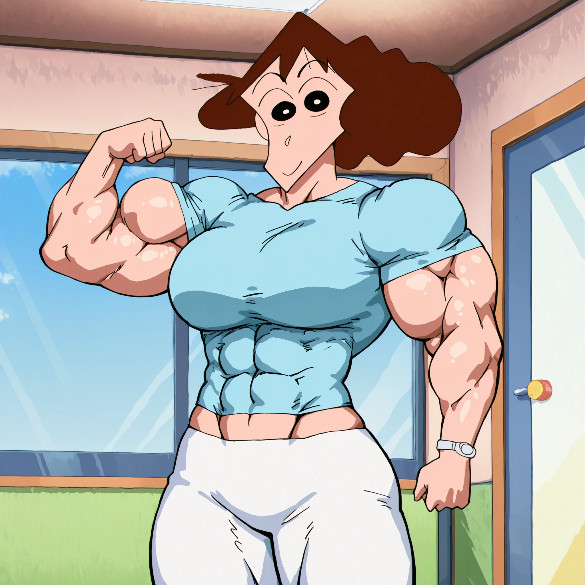 circle eyes, overbite, dot pupil, source_cartoon, futuramastyle, 1girl, solo, long_hair, brown_hair, blunt_bangs, ponytail, ponytail_holder, blunt_ends, green_eyes, eyebrows, eyelashes, smile, closed mouth, muscular_female, muscular, collarbone, pectorals, biceps, triceps, forearm_muscles, hands, palms, narrow_waist, linea_alba, abs, navel, groin, ass, wide_hips, thighs, thick_thighs, calves, feet, swimsuit, one-piece_swimsuit, competition_swimsuit, aqua_one-piece_swimsuit, bare_shoulders, bare_arms, bare_hips, bare_legs, barefoot, standing, legs_apart, looking_at_viewer, straight-on, full_body, simple background, rating_explicit, N0R3AL_PDXL, Expressiveh