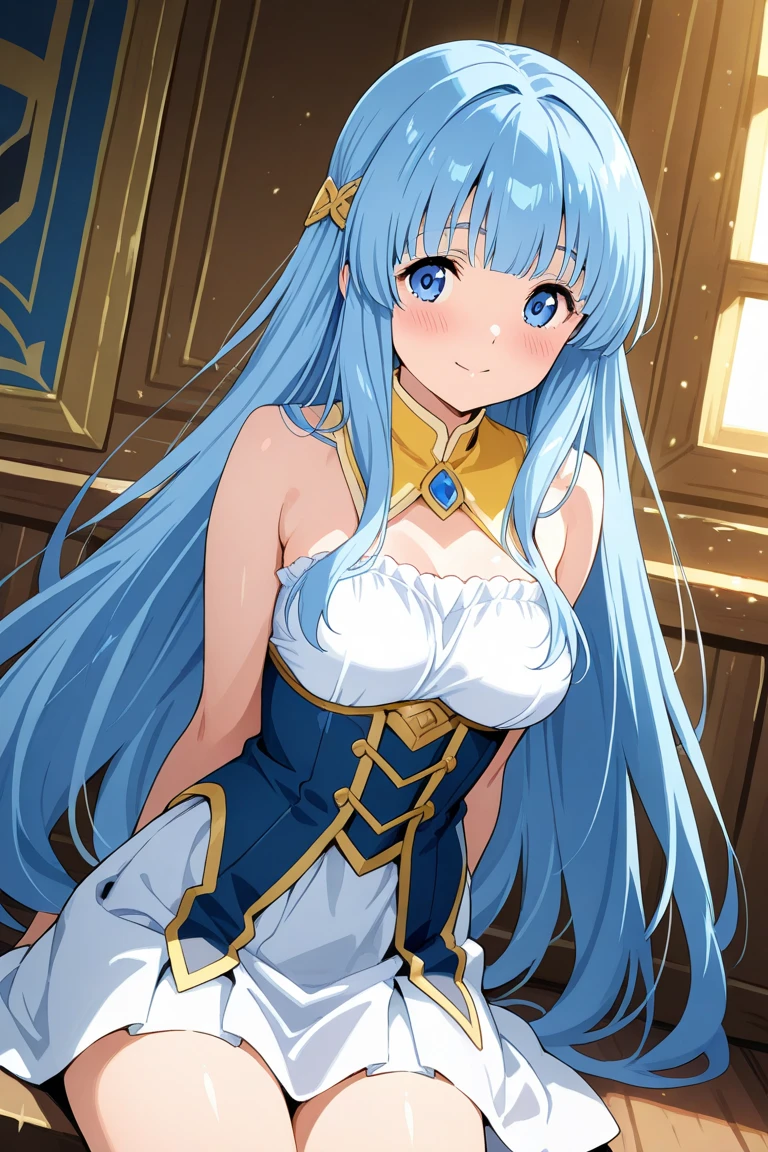 insanely detailed, absurdres, ultra-highres, ultra-detailed, best quality,
1girl, solo, nice hands, perfect hands,
BREAK
princess, princess dress with many frills, teara on hair,
happy smile, laugh, open mouth,
sitting, cute pose,
from below, cowboy shot,
BREAK
slender, kawaii, perfect symmetrical face, ultra cute girl, ultra cute face, ultra detailed eyes, ultra detailed hair, ultra cute, ultra beautiful,
BREAK
on roof of castle, (fantasy world, castle, panorama view:1.3), depth of field,
medium large breasts,
BREAK
blue hair, long hair, messy hair, blue eyes, hair between eyes