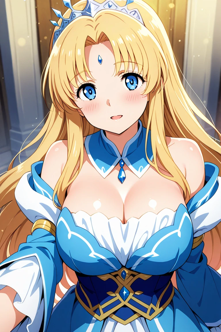 style girl, 3d.solo, dramatic angle, imid shot, focus on face, leaning forward, Extremely gorgeous metal style, Perfect female body, woman, Fluttering long hair, gold hair.lace, super fucking beautiful, light blush, tsurime, parted lips, large breasts, beautiful detailed blue eyes, with blue ornaments, dress, overexplosure, blue Clothes, Ancient palace background, flowing, 8k wallpaper, extremely detailed CG unity 8k, very precise detailed,