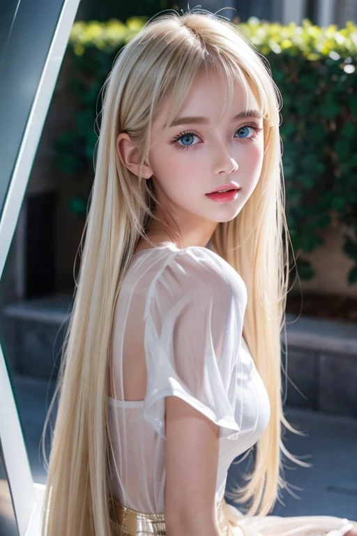 forehead、Platinum blonde fine hair、Straight long hair、Hitting the face and front of the eyes、Big blue eyes、Sheer white and wet nightgown、Nordic youth、Perfect body、White tendons、Glowing Skin、Young and beautiful skin、A perfect and beautiful little face、Bright makeup、Pale pink lips、Bright expression、16-year-old girl、Unbuttoned shirt、lipstick、Deceptive advertising、{vapor}、Viewer&#39;s vision、Golden Hour Lighting、Bokeh Atmosphere Perspective、detailed、Movie Light、複雑なdetailed、High resolution、 フェイスデザインのdetailedな特徴、Attention to detail、Clear focus、Smoothness、aesthetics、Printed、Octane、{{masterpiece}}